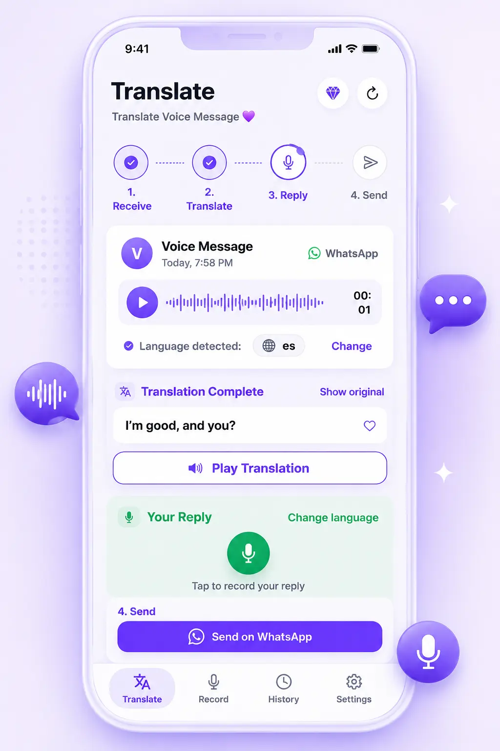 ReplyLingo detecting a Spanish voice message and translating it to English