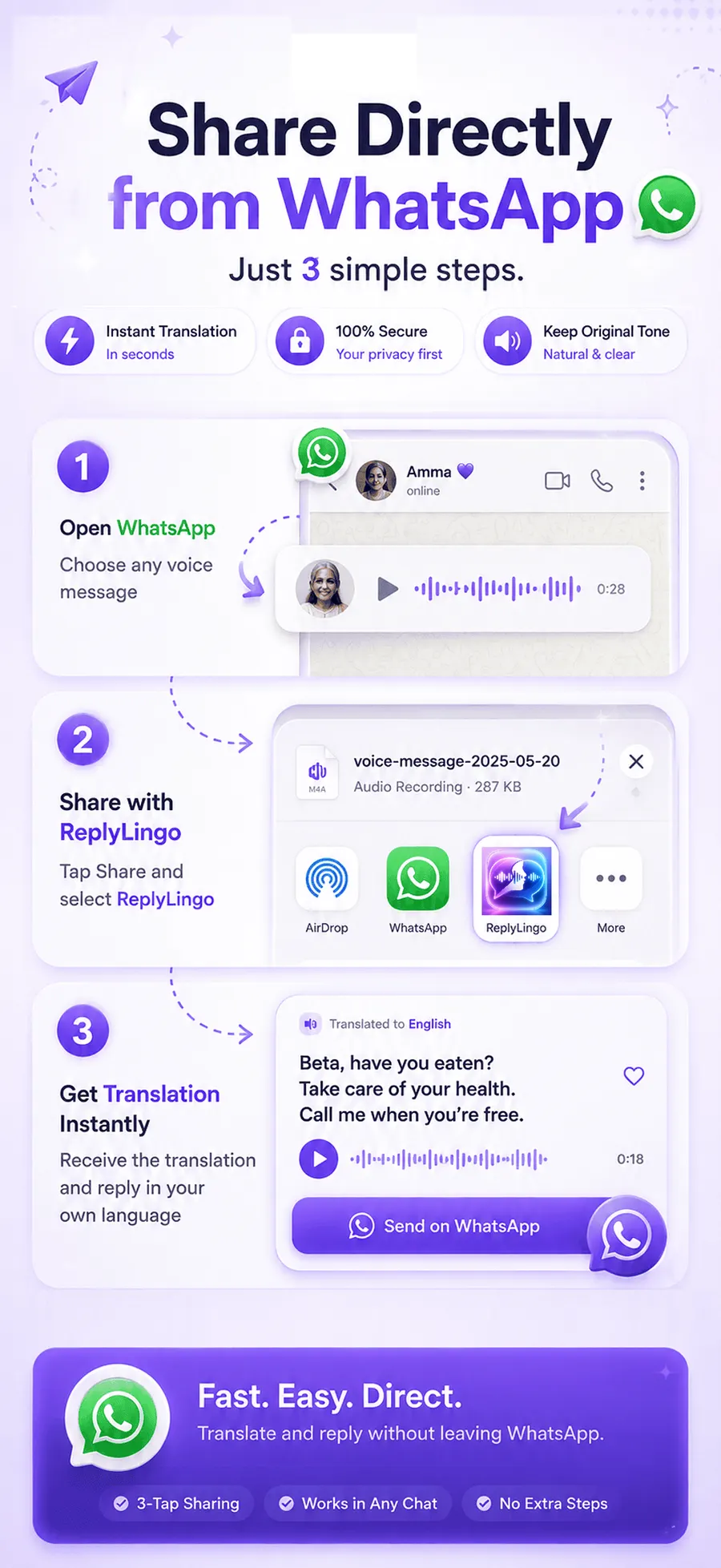 Sharing a voice message directly into ReplyLingo from WhatsApp's share sheet